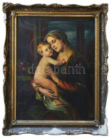 Harmann Béla (-), másolat ismeretlen festő után, XX. sz. eleje: Mária a kisdeddel. Olaj, vászon. Jelzett. Dekoratív, sérült fakeretben, 93×71 cm. KIZÁRÓLAG SZEMÉLYES ÁTVÉTEL, NEM POSTÁZZUK / ONLY PERSONAL COLLECTION IN OUR OFFICE!