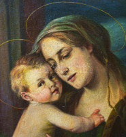 Harmann Béla (-), másolat ismeretlen festő után, XX. sz. eleje: Mária a kisdeddel. Olaj, vászon. Jelzett. Dekoratív, sérült fakeretben, 93×71 cm. KIZÁRÓLAG SZEMÉLYES ÁTVÉTEL, NEM POSTÁZZUK / ONLY PERSONAL COLLECTION IN OUR OFFICE!