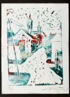 Hercsuth Ferenc (1942-): Szentendrei részlet. Monotípia, papír, jelzett, hátoldalán autográf felirattal. Paszpartuban. 19×13 cm.