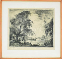 Istókovits Kálmán (1898-1990): Pecázók. Rézkarc, papír, jelzett, üvegezett fakeretben, 27,5×32,5 cm