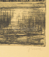 Imre István (1918-1983): Dunapart (Budapest). Rézkarc, papír, jelzett, kartonra kasírozva, lap alja kissé foltos, 29×24,5 cm