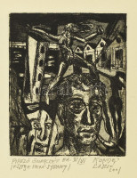 Kondé László (1954-2002): Pipázó önarckép (füstbe ment Sydney), 2001. Rézkarc, papír, jelzett, művészpéldány E/A V./VI. számozással. 12x10 cm
