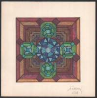 Koppány Frigyes (?-?): Színes kompozíció, 1978. Filctoll, papír, jelzett, papírra kasírozva. 15x15 cm