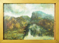Korcsog Sándor: Vízparti táj (2001) olaj, vászon,keretben, Jelezve jobbra lent: Korcsog Sándor 1999.  24x25 cm