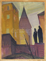 Koncz Zoltán (1915 - 1995) Templomkert (Árpád kor). Olaj, papír, apró felületi kopásokkal 47x35 cm Hátodalán autográf felirattal