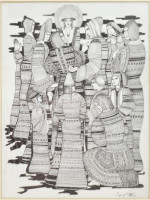 Lajos Ferenc (1912-1998): Társaság, 1984. Tus, papír, jelzett, üvegezett fakeretben, 32,5×24,5 cm