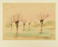 Legány Zoltán (1911-1993): Balatonlelle, 1958. Akvarell, papír, jelzett, kartonra kasírozva. Feltehetően kiállítva: Magyar Építőművészek Szövetsége, egyéni gyűjteményes kiállítás, 1989. 21×30,5 cm