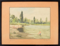 Lakatos László (-). Fürdőzők. Akvarell, papír. Plexiüvegezett keretben, plexi kissé repedt. 21x27 cm