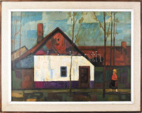 Moldován István (1911-2000): Utcarészlet sétálóval (táj). Olaj, farost, jelezve balra lent, hátoldalán Képcsarnok Vállalat címkéjével. Fakerteben. 60×80 cm