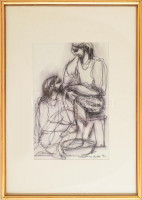 Macskássy Izolda (1945-2021): Gondolkodók, 1992. Vegyes technika, selyem, jelzett. Üvegezett fakeretben. 31x20 cm