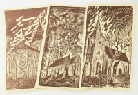 Molnár Dénes (1947-2000): 4 db erdélyi témájú ábrázolás (Déva, Bonyha, Tövis, Marosszentkirály). Nyomat, papír, jelzett a nyomaton. 45x25 cm körüli méretekben.