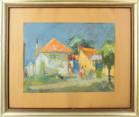 Újhelyi Gábor (1925-2005): Kutyasétáltatás, 1958. Olaj, vázon, jelezve balra lent, üvegezett fakeretben. 60x80 cm