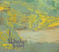 Újhelyi Gábor (1925-2005): Kutyasétáltatás, 1958. Olaj, vázon, jelezve balra lent, üvegezett fakeretben. 60x80 cm