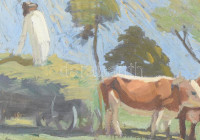 Jelzés nélkül, XX. sz. első fele: Szénásszekér. Olaj, karton. Hátoldalán akt vázlat. Antik, üvegezett fakeretben, 24×32 cm