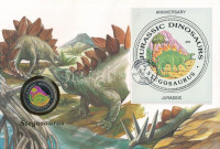Egyenlítői-Guinea 1993. 1000Fr Cu-Ni 'Stegosaurus' felbélyegzett borítékban, bélyegzéssel, német nyelvű leírással T:UNC Equatorial Guines 1993. 1000 Francos Cu-Ni 'Stegosaurus' in envelope with stamp and cancellation, with German
