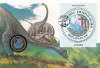 Egyenlítői-Guinea 1993. 1000Fr Cu-Ni 'Diplodocus' felbélyegzett borítékban, bélyegzéssel, német nyelvű leírással T:UNC Equatorial Guines 1993. 1000 Francos Cu-Ni 'Diplodocus' in envelope with stamp and cancellation, with German