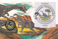Egyenlítői-Guinea 1993. 1000Fr Cu-Ni 'Plateoszaurusz' felbélyegzett borítékban, bélyegzéssel, német nyelvű leírással T:UNC Equatorial Guines 1993. 1000 Francos Cu-Ni 'Plateosaurus' in envelope with stamp and cancellation, with German
