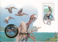 Kuba 1994. 10P Ni-acél 'Fauna del Caribe - Pelikán - Pelicano Pardo' érmés borítékban, bélyegzéssel, német nyelvű leírással T:UNCCuba 1994. 10 Pesos 'Fauna del Caribe - Pelican - Pelicano Pardo' in envelope with stamp and