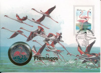 Kuba 1994. 10P Ni-acél 'Fauna del Caribe - Flamingó - Flamengos' érmés borítékban, bélyegzéssel, német nyelvű leírással T:UNCCuba 1994. 10 Pesos 'Fauna del Caribe - Flamingo' in envelope with stamp and cancellation, with german