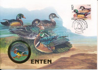Kuba 1996. 10P Ni-acél 'Fauna del Caribe - Pato Huyuyo' érmés borítékban, bélyegzéssel, német nyelvű leírással T:UNCCuba 1996. 10 Pesos 'Fauna del Caribe - Pato Huyuyo' in envelope with stamp and cancellation, with german description