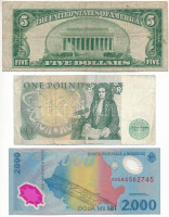 Amerikai Egyesült Államok 1934-1945. (1934) 5$ 'Federal Reserve Note' zöld pecséttel 'William Alexander Julian, Henry Morgenthau' + Nagy-Britannia DN (1981-1984) 1P kis szakadás + Románia 1999. 2000L T:VG,F USA 1934-1945. (1934) 5 Dollars