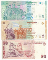 Argentína DN (2015) 5P + DN (2016) 10P + DN (2003) 20P T:UNCArgentina ND (2015) 5 Pesos + ND (2016) 10 Pesos + ND (2003) 20 Pesos C:UNCKrause P359, P360, P355