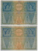 Ausztria 1902. 1000K (2x) 2. kiadás, hátlaprajzos, vízszintes 'DEUTSCHÖSTERREICH' felülbélyegzéssel T:F,VG ragasztás, beszakadásokAustria 1902. 1000 Kronen (2x) second issue, with horizontal 'DEUTSCHÖSTERREICH' overprint C:F,VG sticked,