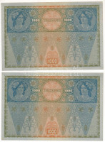 Ausztria 1919. (1902) 1000K (2x) 2. kiadás, sorszámkövetők '2561 66981 - 2561 66982' vízszintes 'DEUTSCHÖSTERREICH' felülbélyegzéssel, hátlap rajzos T:UNC,AU / Austria 1919. (1902) 1000 Kronen (2x) 2nd issue, consecutive serials '2561