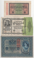 Ausztria 1919. (1902.) 1000K mindkét oldal német, függőleges piros 'DEUTSCHÖSTERREICH' felülbélyegzéssel + Németország / Weimari Köztársaság 1922. 50.000M + 1923. 20.000M T:VG beszakadások Austria 1902. 1000 Kronen both sides German,