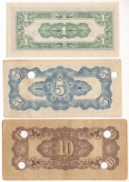 Fülöp-szigetek / Japán megszállás DN (1942) 1c + 5c lyukasztva + 10c lyukasztva T:AU,F Philippines / Japanese Occupation ND (1942) 1 Centavo + 5 Centavos holed + 10 Centavos holed C:AU,F Krause P#102-104