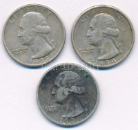 Amerikai Egyesült Államok 1934-1936. 1/4$ Ag 'Washington quarter' (3x) T:XF,VF patinaUSA 1934-1936. 1/4 Dollar Ag 'Washington quarter' (3x) C:XF,VF patinaKrause KM#164