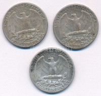 Amerikai Egyesült Államok 1934-1936. 1/4$ Ag 'Washington quarter' (3x) T:XF,VF patinaUSA 1934-1936. 1/4 Dollar Ag 'Washington quarter' (3x) C:XF,VF patinaKrause KM#164