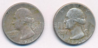Amerikai Egyesült Államok 1939. 1/4$ Ag (2x) 'Washington quarter' T:VF patinaUnited States of America 1939. 1/4 Dollar Ag (2x) 'Washington quarter' C:VF patinaKrause KM#164