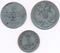 Ausztria 1849A 6kr Ag + 1859A 5kr Ag 'Ferenc József' + 1869. 20kr Ag 'Ferenc József' T:XF,VF patinaAustria 1849A 6 Kreuzer Ag + 1859A 5 Kreuzer Ag 'Franz Joseph' + 1869. 20 Kreuzer Ag 'Franz Joseph' C:XF,VF patina