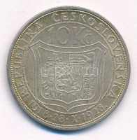 Csehszlovákia 1928. 10K Ag 'Masaryk' T:AU,XF patina Czechoslovakia 1928. 10 Korun Ag 'Masaryk' C:AU,XF patina Krause KM#12
