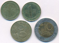 Finnország 1993. 5M + 10M + 1994. 1M (2x) T:XF,VF patinaFinland 1993. 5 Markkaa + 10 Markkaa + 1994. 1 Markkaa (2x) C:XF,VF patina