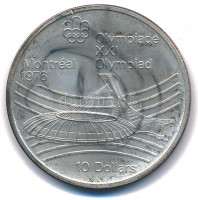 Kanada 1976. 10D Ag 'Montreali Olimpia - Olimpiai Stadion' T:BU patina, kis karcCanada 1976. 10 Dollars Ag 'Montreal Olympic Games - Olympic Stadium' C:BU patina, small scratchKrause KM#113