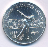 Kuba 1986. 5P Ag 'Téli Olimpia 1988' olimpiai karikák és Calgary logó nélkül T:BU kis patinaCuba 1986. 5 Pesos Ag 'Winter Olympics 1988' without Olympic Rings and Calgary logo C:BU small patinaKrause KM#139.2