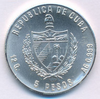Kuba 1986. 5P Ag 'Téli Olimpia 1988' olimpiai karikák és Calgary logó nélkül T:BU kis patinaCuba 1986. 5 Pesos Ag 'Winter Olympics 1988' without Olympic Rings and Calgary logo C:BU small patinaKrause KM#139.2