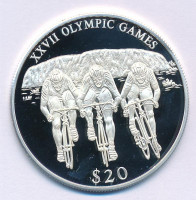 Libéria 2000. 20$ Ag '2000. évi Olimpiai Játékok Sydney - Kerékpár' kapszulában T:PPLiberia 2000. 20 Dollars Ag 'Olympic Games 2000 Sydney - Cycling' in capsule C:PPKrause KM#489