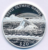 Libéria 2000. 20$ Ag '2000. évi Olimpiai Játékok Sydney - Úszás' kapszulában T:PP Liberia 2000. 20 Dollars Ag 'Olympic Games 2000 Sydney - Swimming' in capsule C:PP