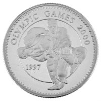 Mongólia 1997. 500T Ag '2000. évi Olimpiai Játékok Sydney - Cselgáncs' kapszulában T:PP ujjlenyomat, folt / Mongolia 1997. 500 Tögrög Ag '2000 Summer Olympics, Sydney - Judo' in capsule C:PP fingerprints, spot