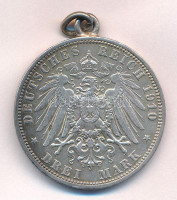 Német Államok / Poroszország 1910A 3M Ag 'II. Vilmos' T:XF füllel, patina German States / Prussia 1910A 3 Mark Ag 'Wilhelm II' C:XF with ear, patina Krause KM#527