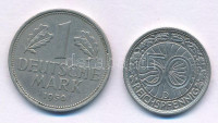 Német Birodalom / Weimari Köztársaság 1928D 50pf Ni + NSZK 1950F 1M Cu-Ni T:XFGerman Reich / Weimar Republic 1928D 50 Reichspfennig Ni + GFR 1950F 1 Mark Cu-Ni C:XF