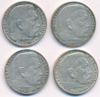 Német Harmadik Birodalom 1937-1939. 2M Ag 'Hindenburg' (4x) T:XF,VF patinaGerman Third Reich 1937-1939. 2 Mark Ag 'Hindenburg' (4x) C:XF,VF patinaKrause KM#93