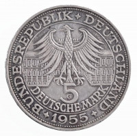 NSZK 1955G 5M 'Ludwig Wilhelm markgraf von Baden' Ag Karlsruhe T:1- patina / FRG 1955G 5 Mark 'Ludwig Wilhelm markgraf von Baden' Ag Karlsruhe C:AU patina Krause KM#115