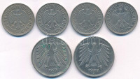 NSZK 1962-1989. 1M Cu-Ni (4xklf) + 1975F-1988J 5M Cu-Ni (2xklf) T:XF-F GFR 1962-1989. 1 Mark Cu-Ni (4xdiff) + 1975F-1988J 5 Mark (2xdiff) Cu-Ni C:XF-F