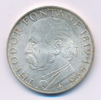 NSZK 1969G 5M Ag 'Theodor Fontane' T:AU patina, apró karc FRG 1969G 5 Mark Ag 'Theodor Fontane' C:AU patina, small scratchKrause KM#125