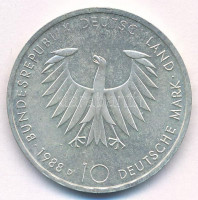 Német Szövetségi Köztársaság 1988D 10M Ag 'Arthur Schopenhauer' T:AU Federal Republic Germany 1988D 10 Mark Ag 'Arthur Schopenhauer' T:AU Krause KM#168