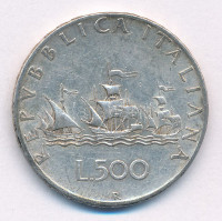 Olaszország 1958R 500L Ag 'Kolumbusz hajói' T:2 patina Italy 1958R 500 Lire Ag 'Columbus' Ships' C:XF patina Krause KM#98